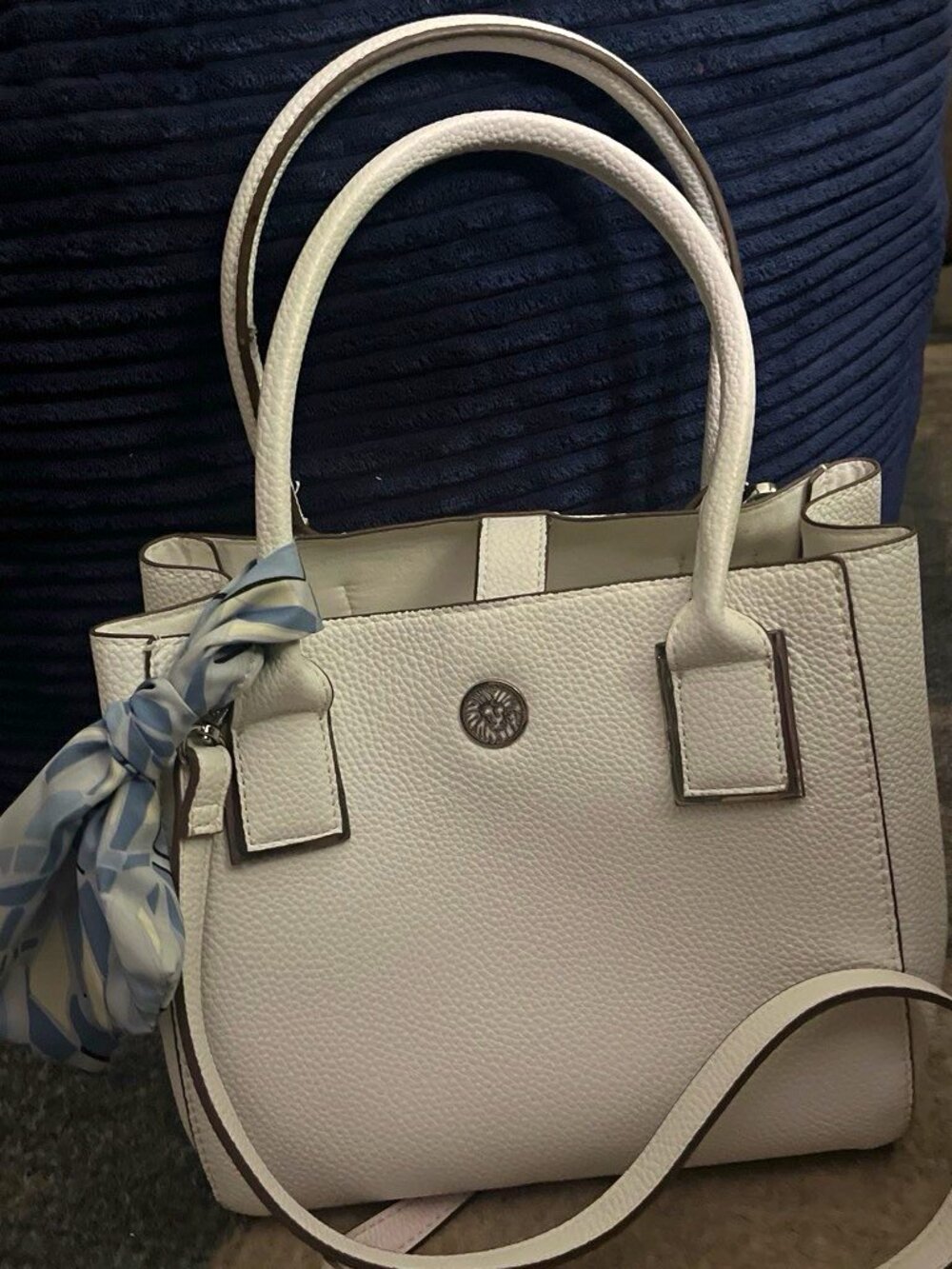 Anne Klein White Pebbled Satchel Top Handle Zip Bag Detachable Strap Scarf